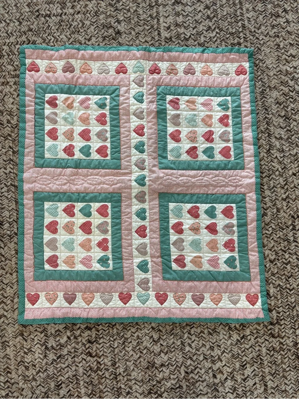 Handmade Heart Patchwork Quilt in Pink, Teal, Cream